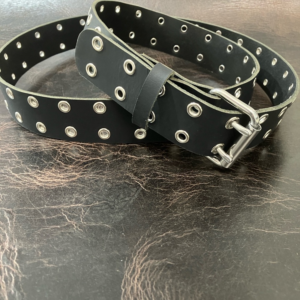 Full Grain Solid Buffalo Leather Double Hole Eyelet/Grommet Belt Silver